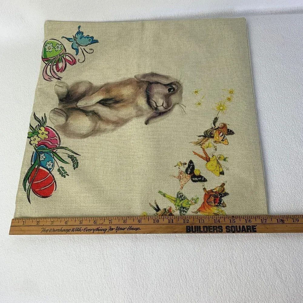 Easter Bunny Eggs Fairies Woven Pillow Cover Square Butterfly 17.5” x 18”
